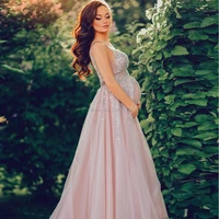 bling sequin maternity evening dresses 2021 double v neck a line long empire tulle pregnant women evening prom gowns sleeveless