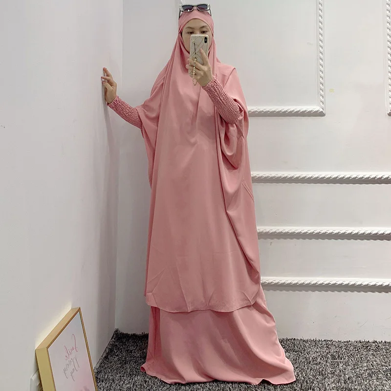 Женский розовый костюм для молитвы из 2 предметов, однотонный марокканский кафтан с хиджабом, Свободное длинное платье, Исламская халяльная...
