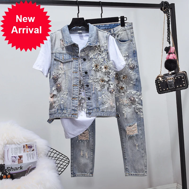 

New Women's Denim Suit Heavy Pearl Embroidered Jeans Sets Girls Ladies Hole Denim Trousers Two Piece High Street