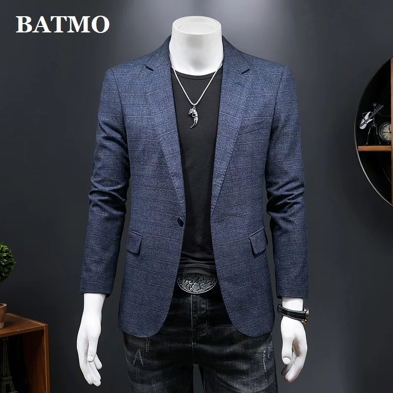 

BATMO 2021 Новое поступление Осенние повседневные клетчатые костюмы куртки для мужчин, мужской синий Блейзер, куртки с двойным разрезом большог...