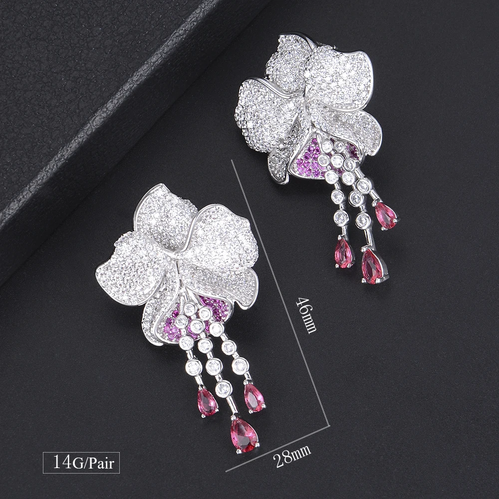 

KellyBola Luxury Trendy Flower Blossom Drop Pendant Shape AAA Full Cubic Zirconia Drop Dangle Earrings For Women Girls Jewelry