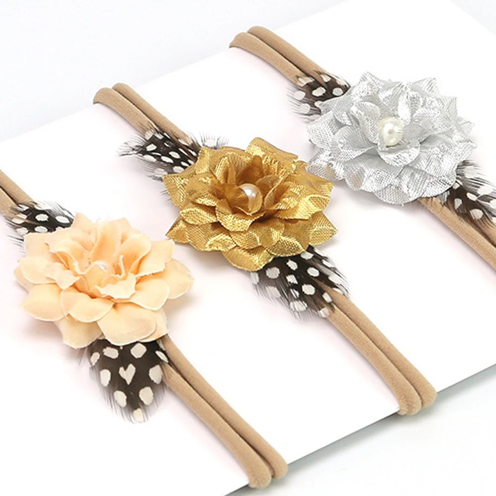 

Bebes золотистый Серебристый цветок с искусственным жемчугом, тюрбан, сверкающие повязки для волос для новорожденных в горошек и перьев, детс...