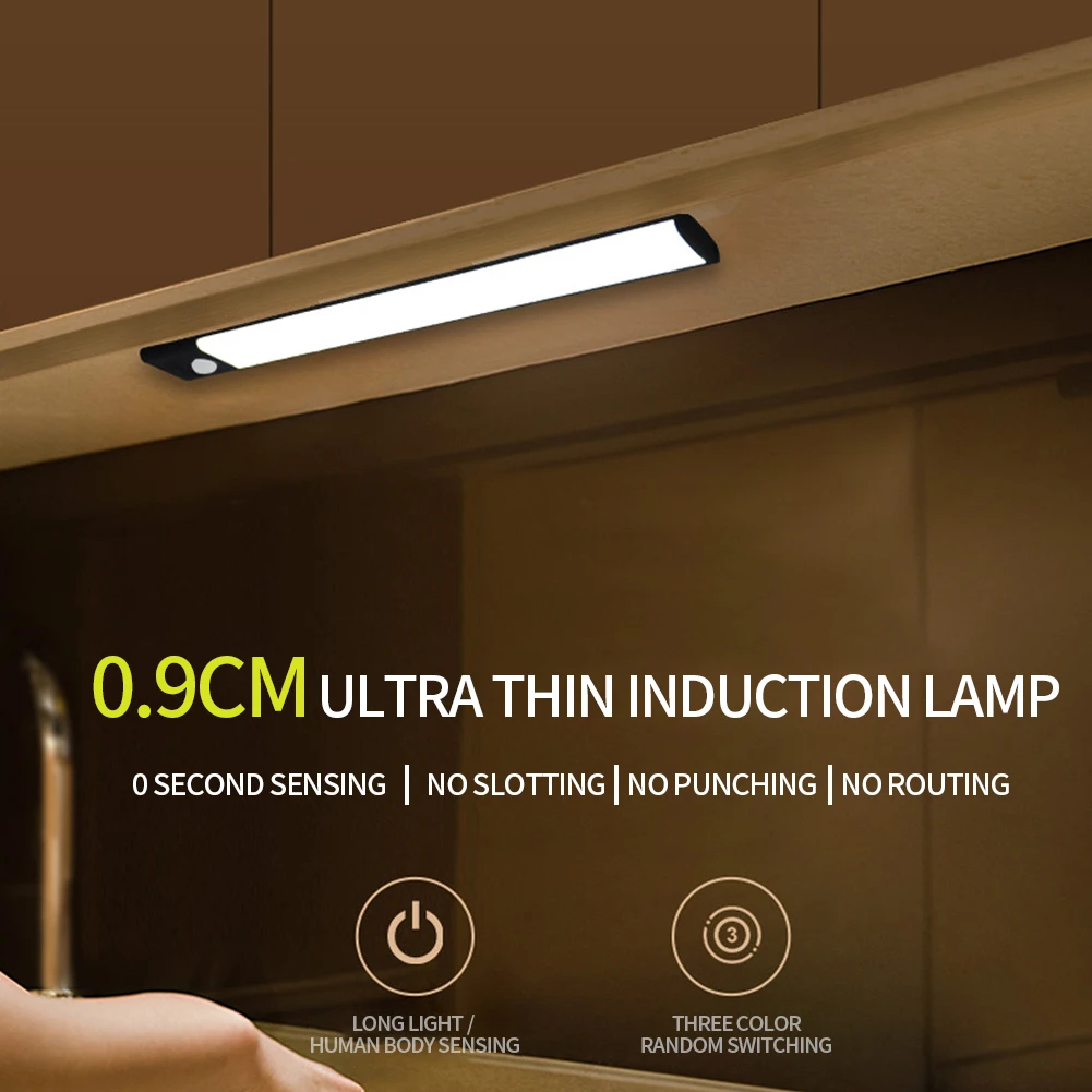 dimmable ultra thin led cabinet lighting three color temperature usb rechargeable 30cm pir motion sensor light for kitchen free global shipping