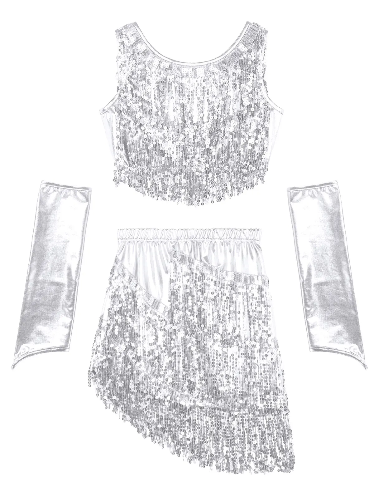 

MSemis Women Femme Tango Dancewear Tassels Fringe Shiny Metallic Salsa Latin Dancing Costumes Tops Skirts with Fingerless Gloves