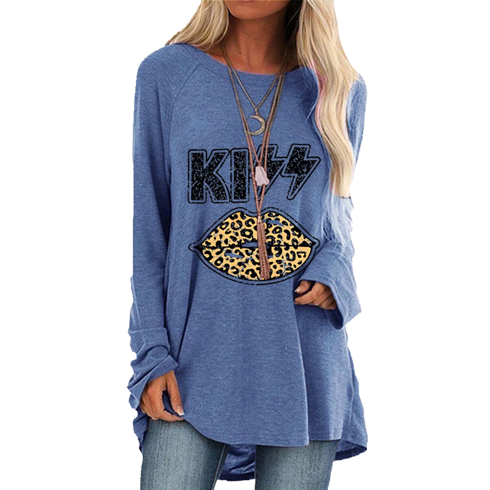 

#w Irregular T-Shirts Women Lips Kiss Printed Long Sleeve O-Neck Long Tops Oversize Casual Soft Tee Shirts