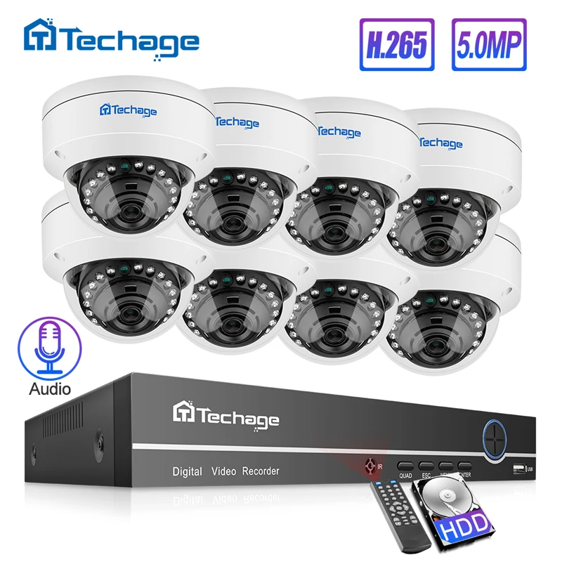 Techage H.265 8CH 5MP POE NVR система видеонаблюдения Антивандальная 5MP Крытая купольная ip-камера запись аудио безопасности P2P комплект видеонаблюдения