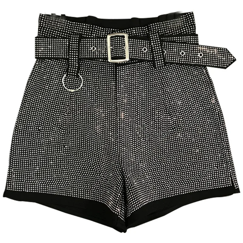 

DEAT 2021 Spring Black Diamond Women Shorts With Belt High Waist Hot Sexy Rhingstone Bottom MG799