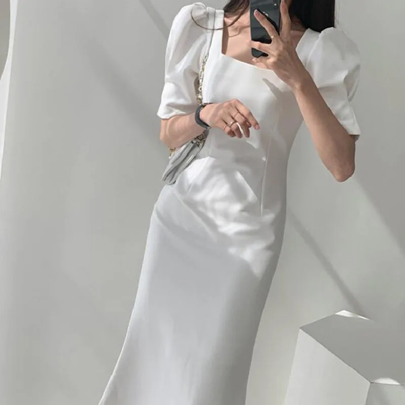 

Summer women's dress casual solid color square collar short sleeve slim dress