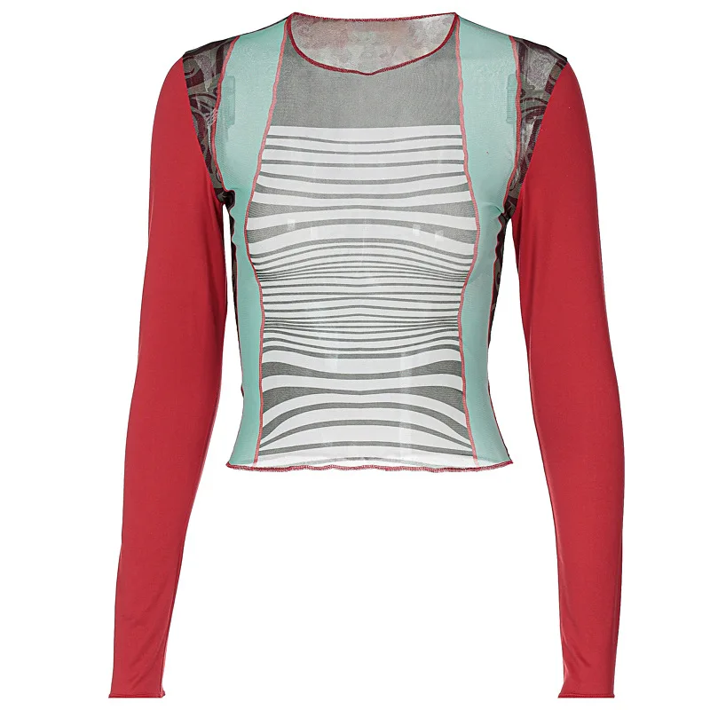 

2021 Women Basic Mesh Print Top Women T-shirts Autumn Grunge Fairy Ruffle Sexy See-through Stretch Slim Soft Tee Shirts New