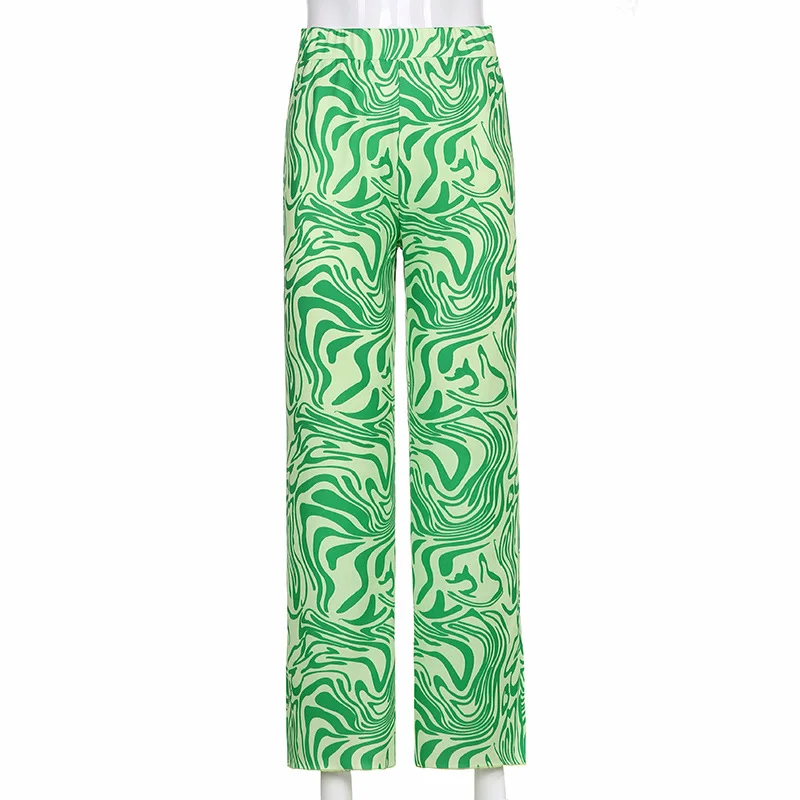 

Inscutee Harajuku Grunge Green Pants Women Streetwear Y2k E-girl Vintage Ripple Leaf Print High Waist Loose Straight Trousers