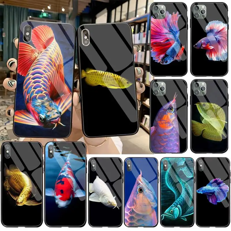 

Colorful Arowana Bling Cute Phone Case Tempered Glass For iPhone 11 Pro XR XS MAX 8 X 7 6S 6 Plus SE 2020 case