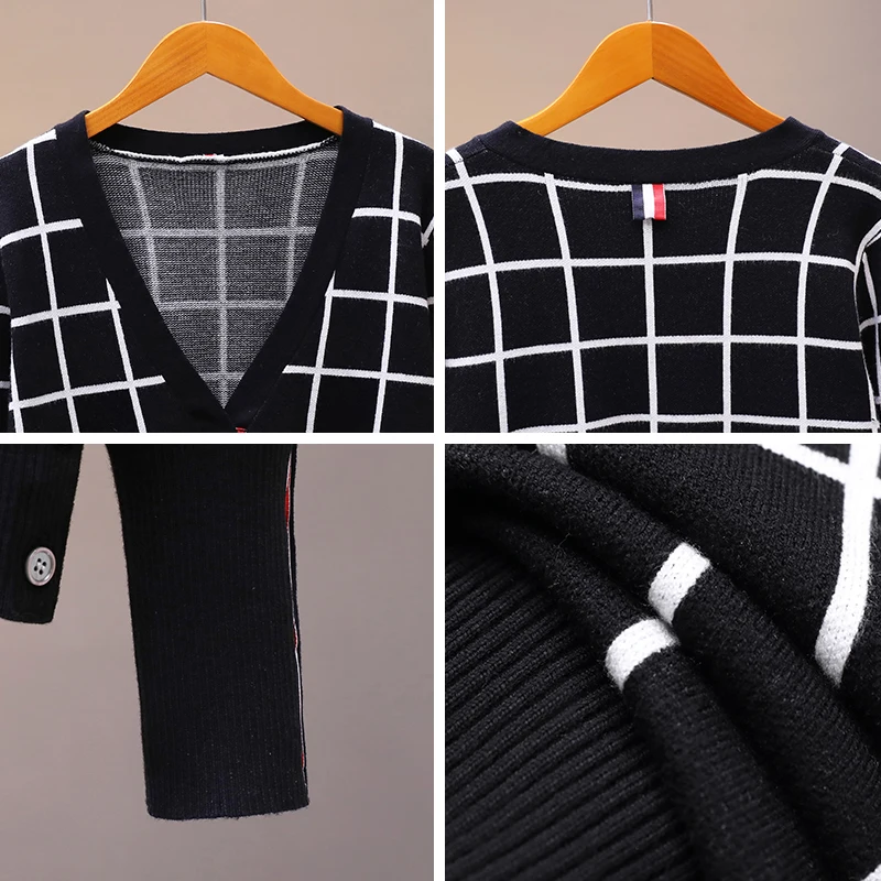 

Luxury Brand Designer Knitted Sweater for Women Vintage V Neck Plaid Striped Black Loose Knitted Cardigan