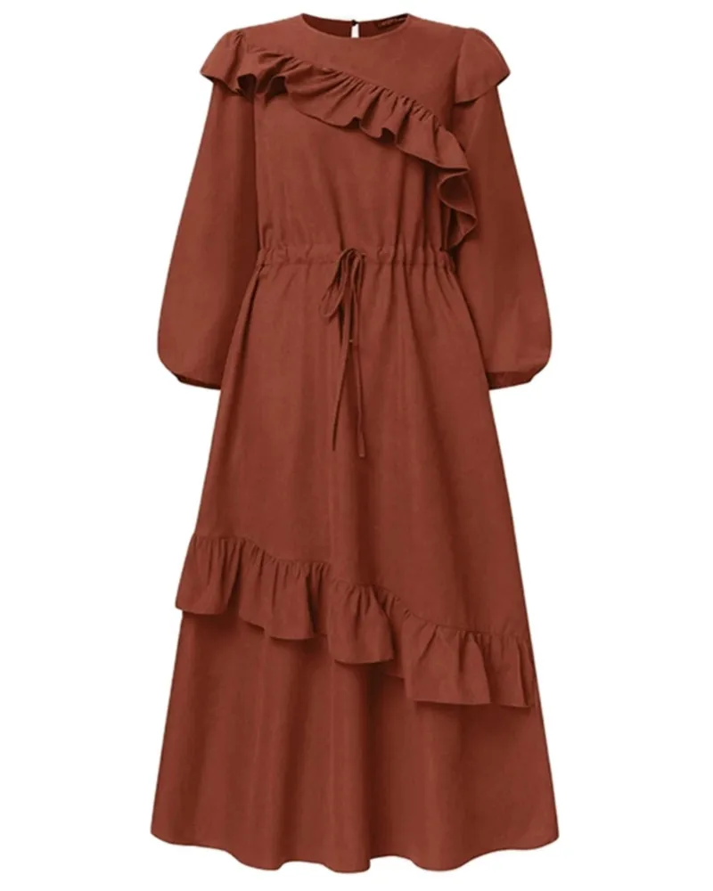 

Loose lace up Ruffle long sleeve swing dress