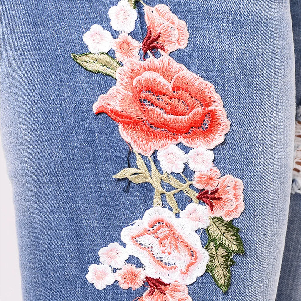 

Women Jeans Low Waist Embroidery Hole Jeans Pencil Pants pantalon jean femme vaqueros mujer #D