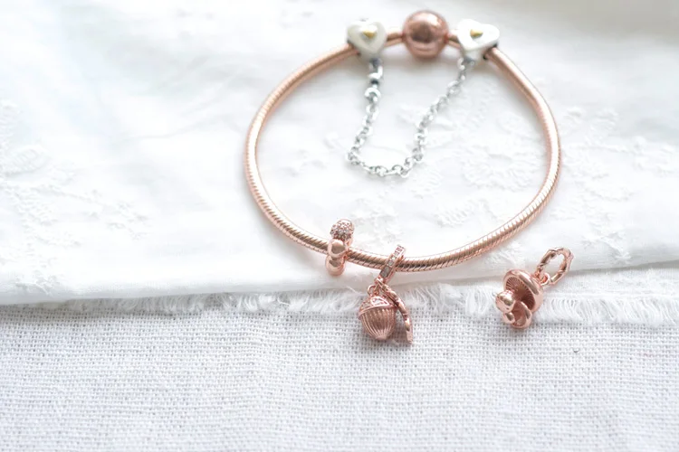 Hot 925 Sterling Silver Pink Rose-golden Sparkling Flower Pavé Leaf Charm Beads fit Original Pandora Bracelets Women Jewelry | Украшения и