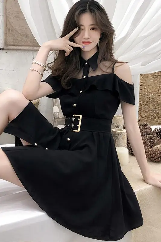

Korean OL New Single Breasted Women Summer Dress Sweet Chic Black office work Short mini Dresses With Belt Vestidos jurken