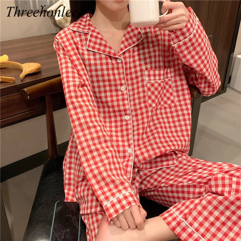 

Casual Women's Pajama Sets Plaid Preppy Long Sleeve Loose Trendy Nightwear Kawaii Korean Style Female 2 Piece Sleepwear