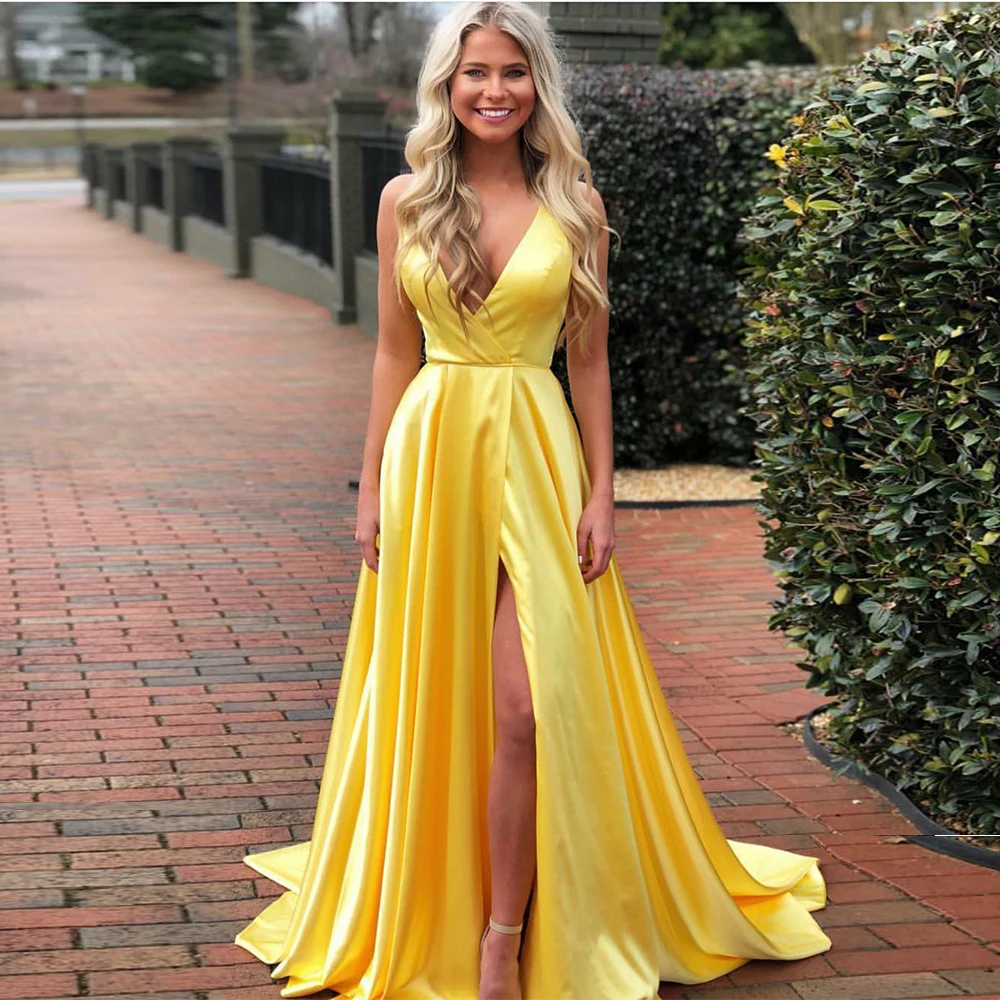 

Yellow A-Line Evening Dresses Long 2021 Women Sexy Deep V-Neck Satin Slit Eleglant Prom Gown Vintge Plus Size vestidos de fiesta