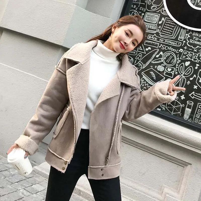 Женское замшевое пальто NS9103 теплое толстое мотоциклетное из овечьей шерсти с