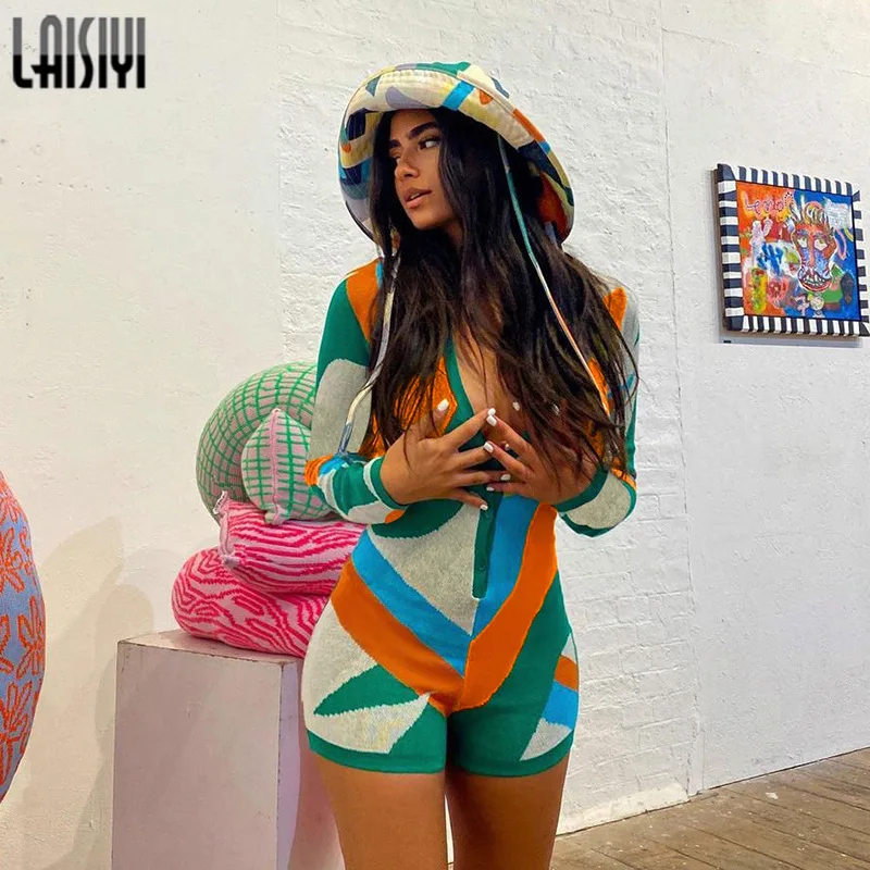 

Women Fashion Jumpsuit Color Matching Graffiti Slim V-neck Single-breasted Long Sleeves Wool Knitted Sports Jumpsuit New