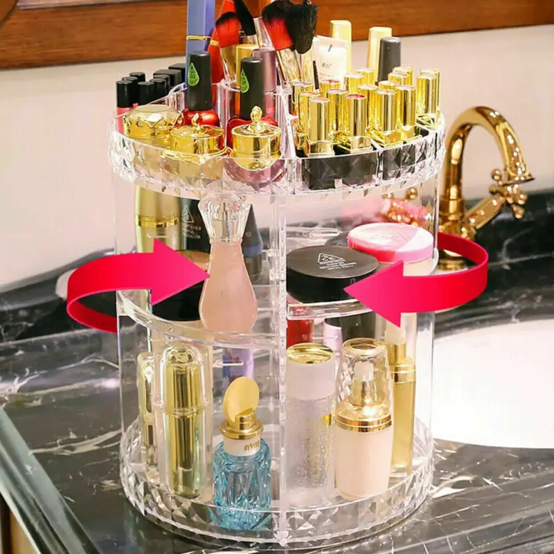 

360 Degree Rotating Transparent 3-Layer Clear Organizer Storage Box Case Acrylic Makeup Cosmetic Rack Holder Jewelry Packaging