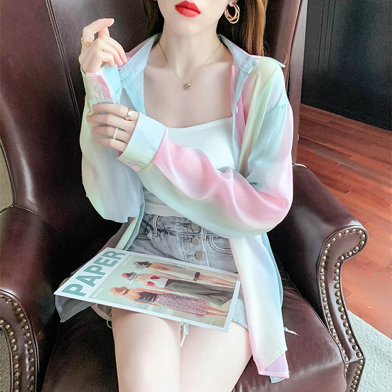 

Sunscreen women's summer thin 2021 new long sleeve loose rainbow ice silk shirt air conditioning cardigan jacket fashion