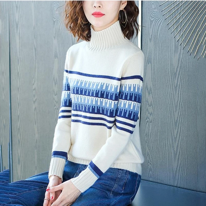 

Женская водолазка в полоску, Свободный вязаный свитер с длинным рукавом, в стиле оверсайз, зима 2021