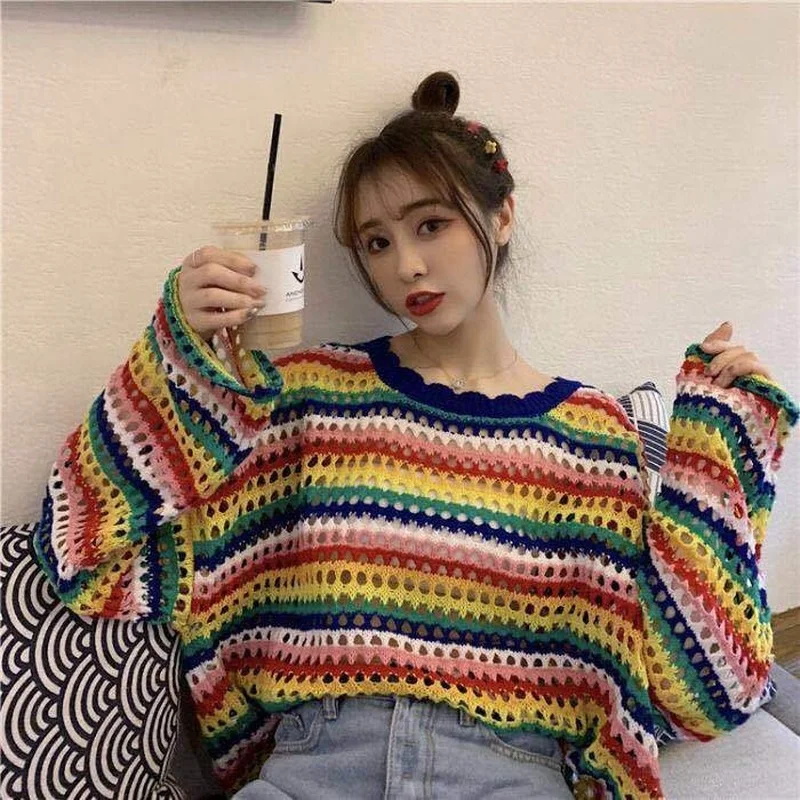 HOUZHOU Rainbow Women Sweetshirts Vintage Mesh Clothes Cute Knitted Top Oversize Long Sleeve Aesthetic Pullover Korean Fashion