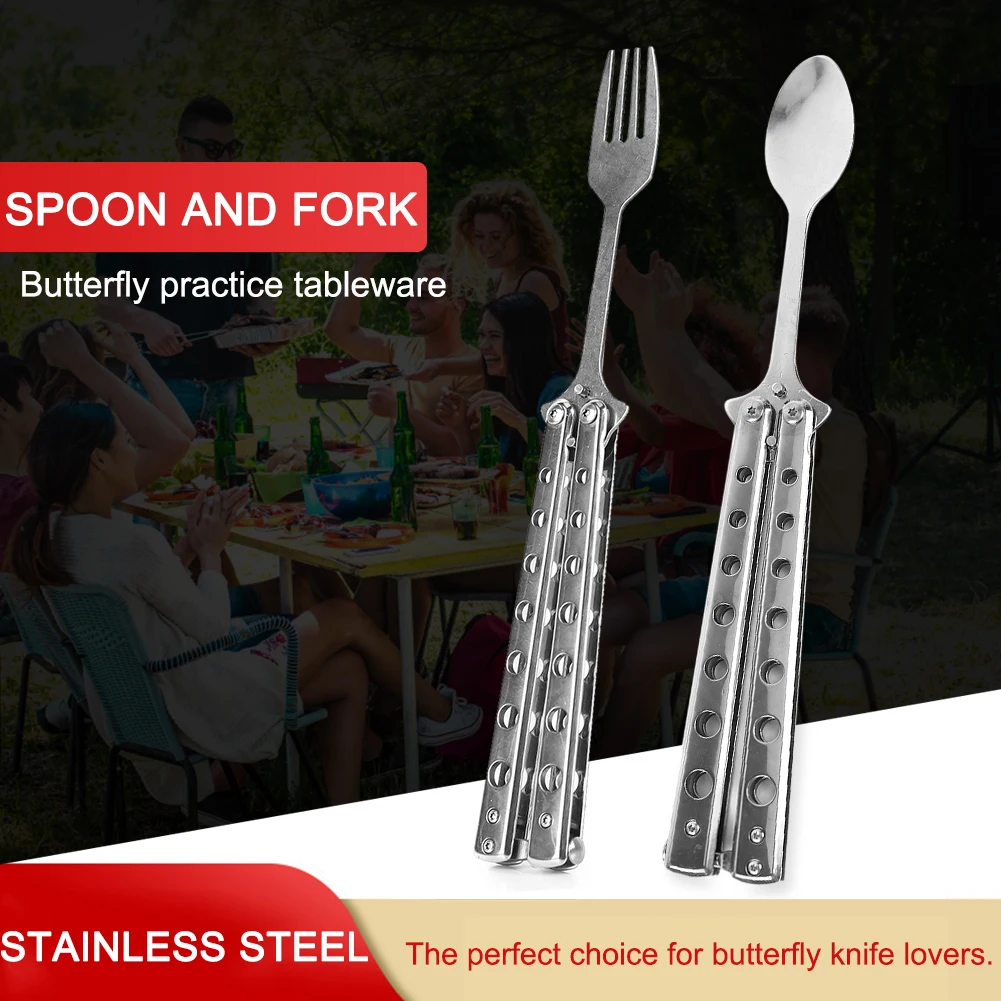 

Metal folding Balisong trainer trainer spoon fork butterfly knife safety practice trainer camping tableware outdoor accessories