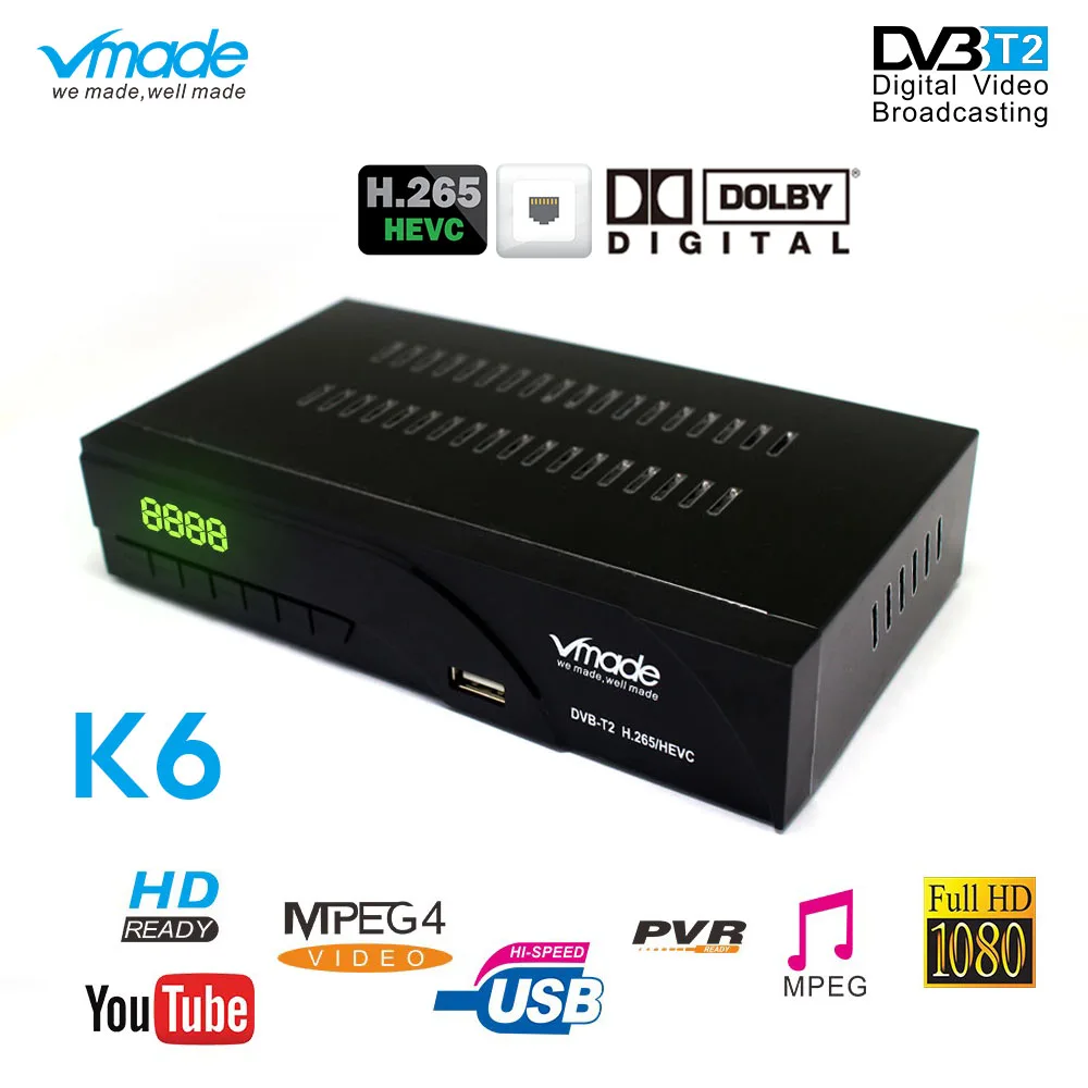 DVB T2 K6 T H.265 HEVC цифровой HD наземных ТВ приемник поддерживает AC3 Youtube MPEG 2 Тюнера с RJ45