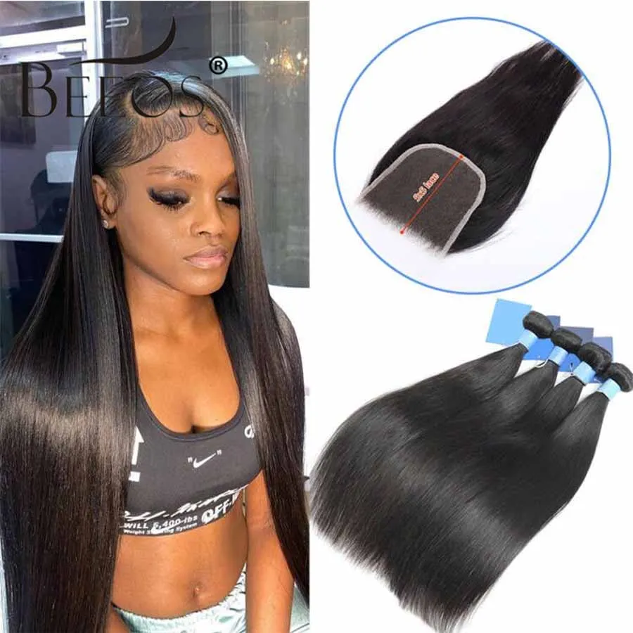 

Beeos 30 Inch Human Hair Bundles With Closures Straight 5*5 HD Transparent Lace Closure Silky Hair Extensions Remy Brazilian