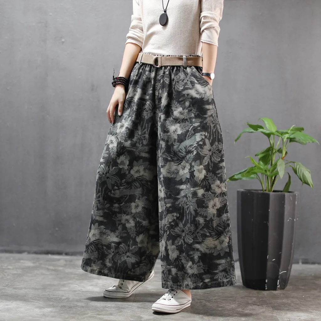 Женские винтажные джинсы эластичные широкие брюки с высокой талией и цветочным