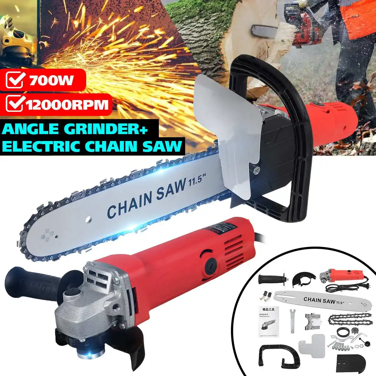 

700W 100mm 2 in 1 Electric Angle Grinder Chainsaw 12000rpm Multifunction Woodworking Cutting Chainsaw Bracket Change Grinder