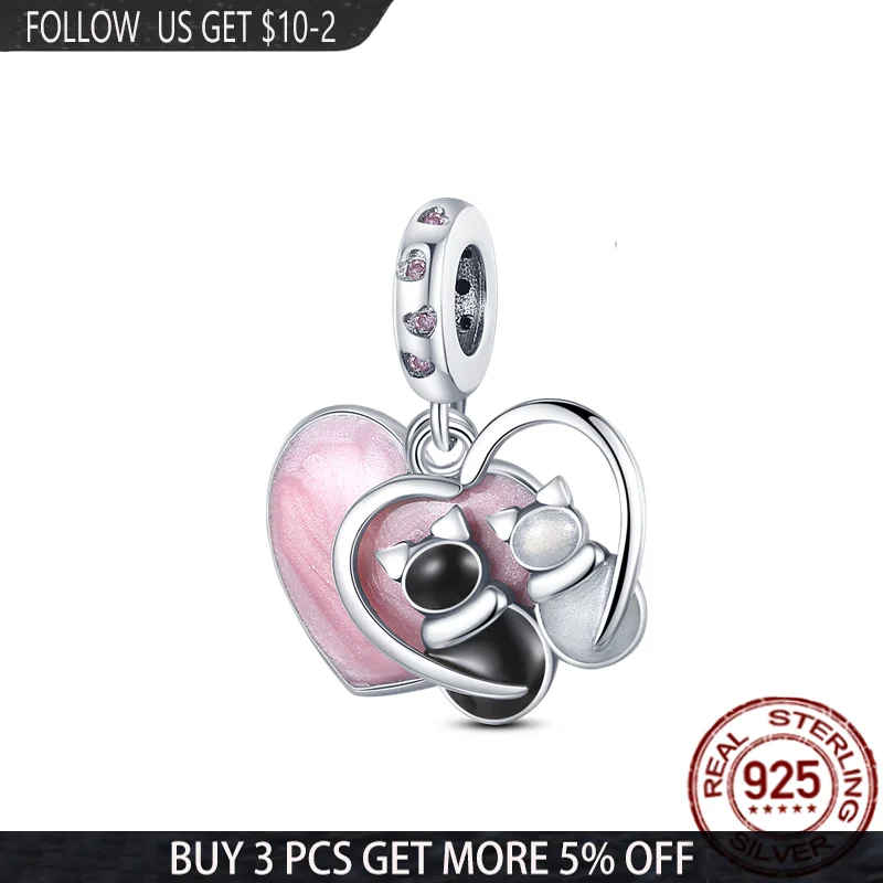 

New Arrival 100% 925 Sterling Silver Loving couple cats Charms Beads Fit Original Pandora Bracelet&Bangle Making Women Jewelry