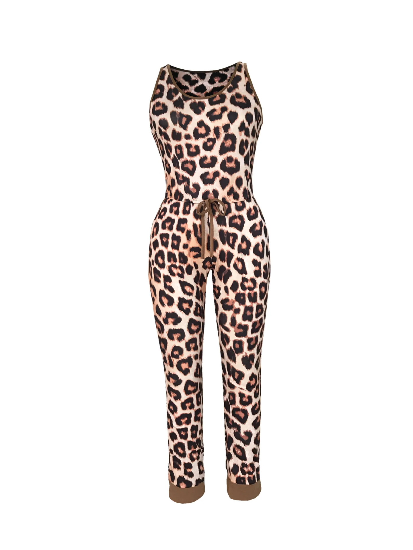 

KALENMOS Rompers Jumpsuit Women Sleeveless Sexy Leopard Casual Slim Lace Up Overalls Long Ropa Loose Work Leisure Tracksuit