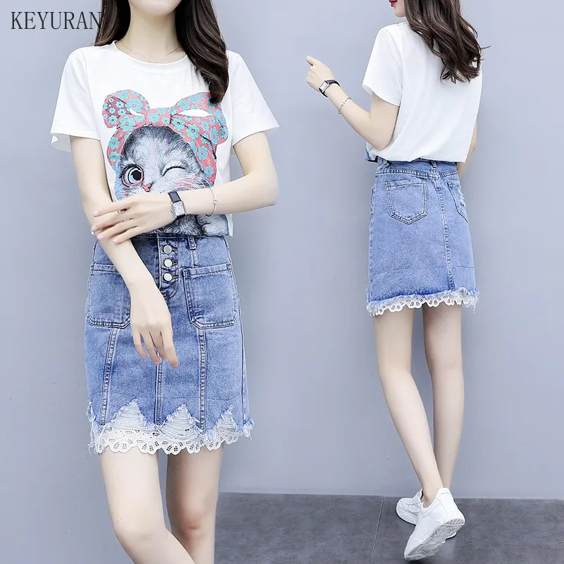 Комплекты джинсовой юбки женские летние футболки с коротким рукавом и принтом