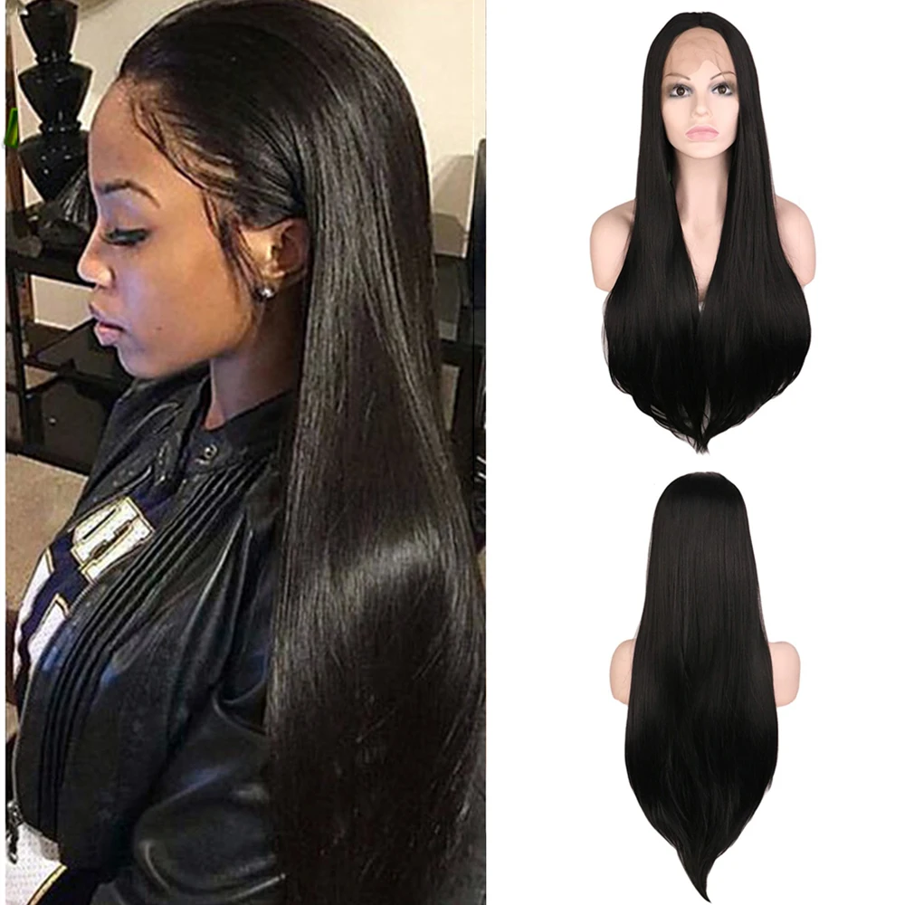

SuQ Silky Straight Synthetic Lace Wigs For Black Women Natural Black Wig Middle Part Cosplay Glueless Wigs for Party