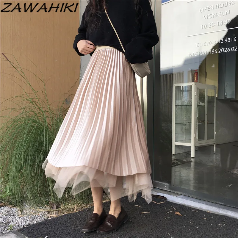 

ZAWAHIKI Skirt for Women Autumn and Winter Mesh Pleated Mid-length Solid Fashion Elegant High Waist Temperament All-match Skirts