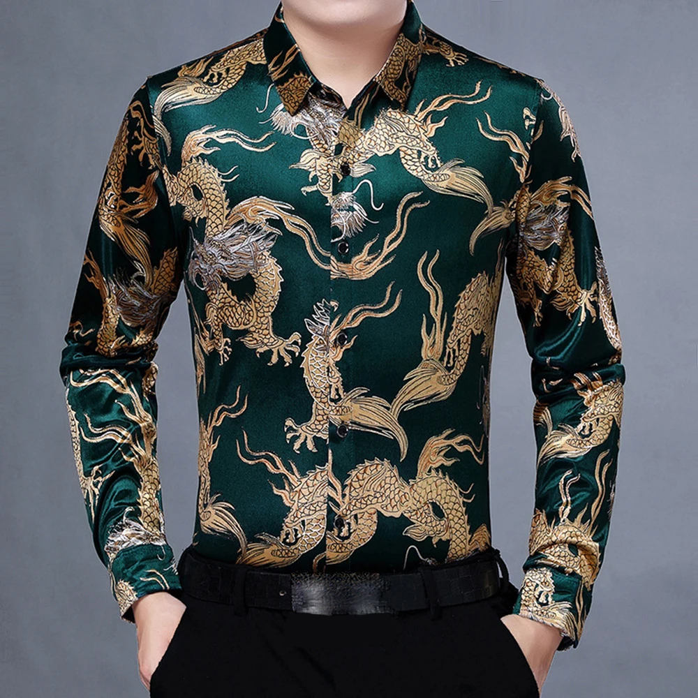 Men Fashion Slim Dress Shirts Business Wedding Party Shirt Men Floral Print Shirt Blouse