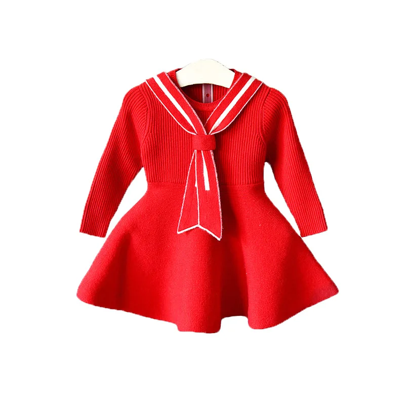 

Children's Bowknot Weater Dress Winter New Kids Clothing Girls Navy Sweater Pleated Dress
