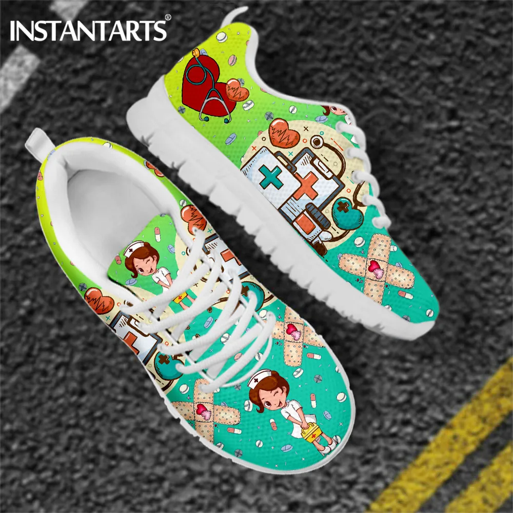 

INSTANTARTS Brand Design Healthcare Nursing Woman Shoes Flat Mesh Sneakers Heartbeat Lady Print Female Footwear Zapatos de Mujer