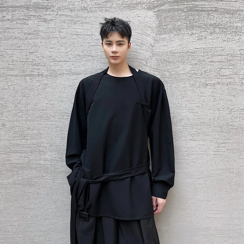 

Male Pullover Tee Shirt Man T Shirt Men's Strap Design Japan Harajuku Streetwear Vintage Long Sleeve T-shirt Stage Clothing