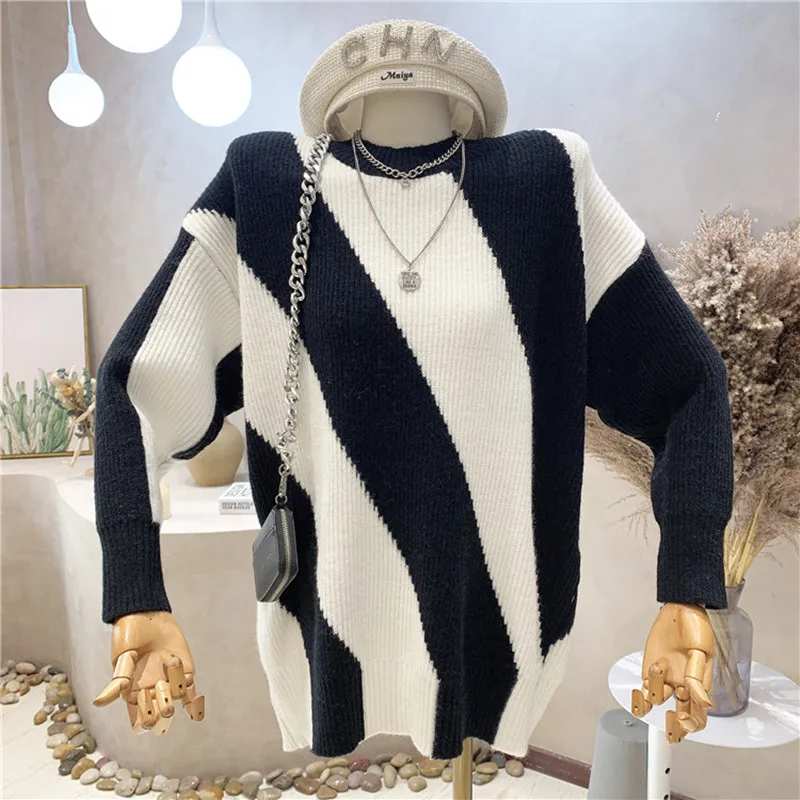 

Новая женская одежда нишевого дизайна осень-зима 2021, теплая трикотажная рубашка в контрастном винтажном стиле с круглым вырезом, свитер сре...