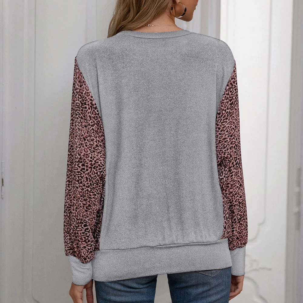 

ICCLEK Leopard Color Block Loose Tshirt Women Long Patchworked Sleeve Women Casual O-Neck Tops Autumn Clothing Female