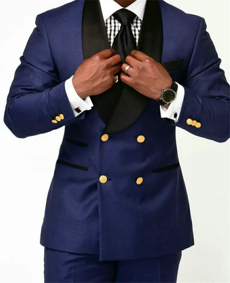 Фото Темно-синие мужские костюмы Slim Fit Groomsman с золотыми пуговицами, двубортный вечерний смокинг, костюмы жениха для мужчин, свадебный утренний блейзер №2