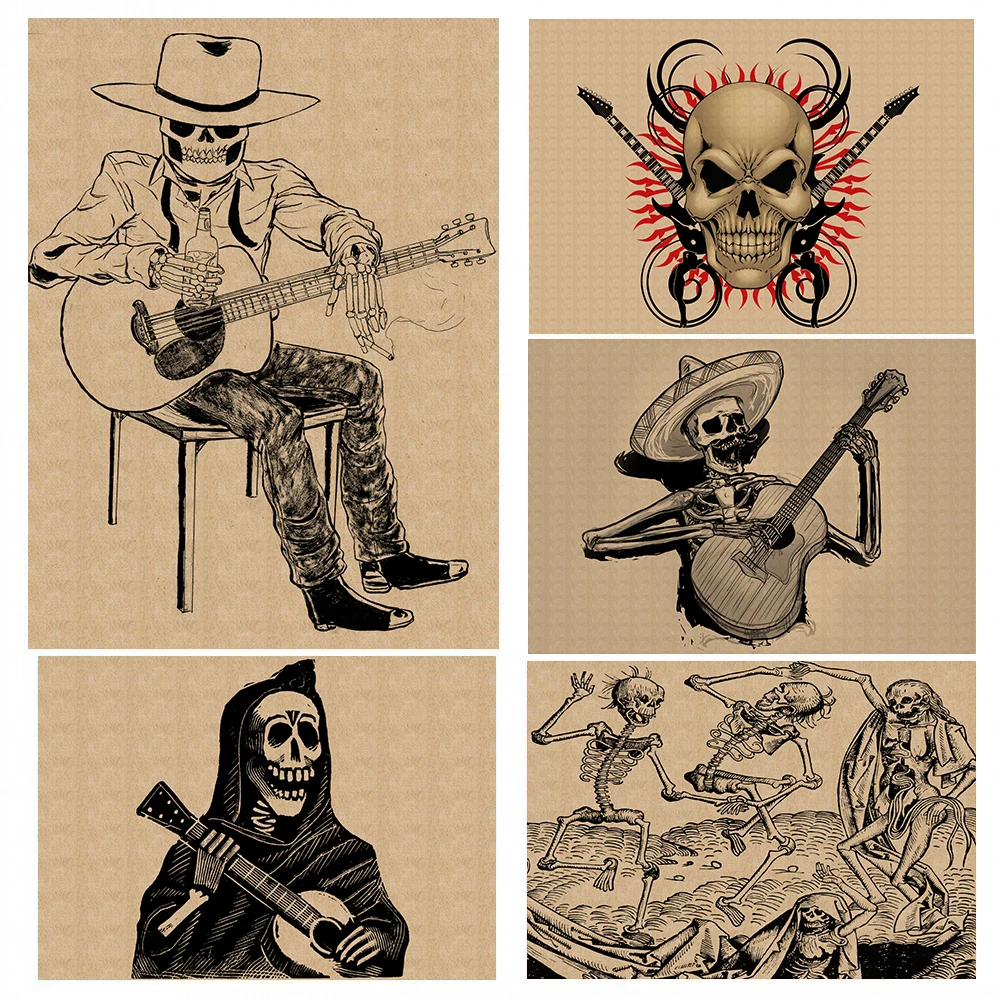 Винтажный постер из крафт-бумаги с изображением скелета, играющего на гитаре и танцующего в стиле панк-хэви-металл, настенная наклейка для декора комнаты или бара.