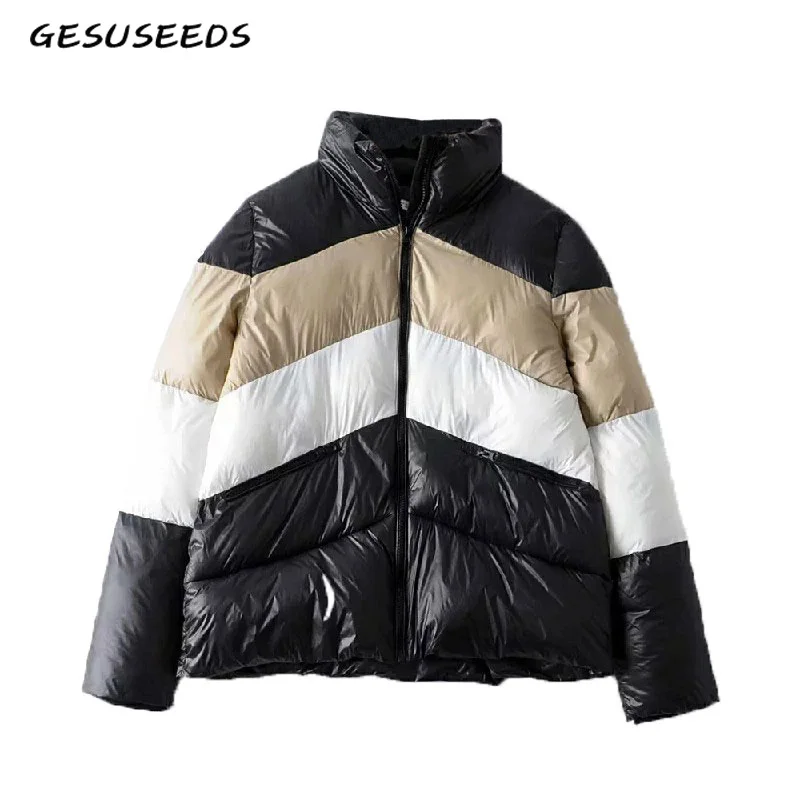 Женская куртка с цветными вставками зимняя теплая парка в винтажном стиле