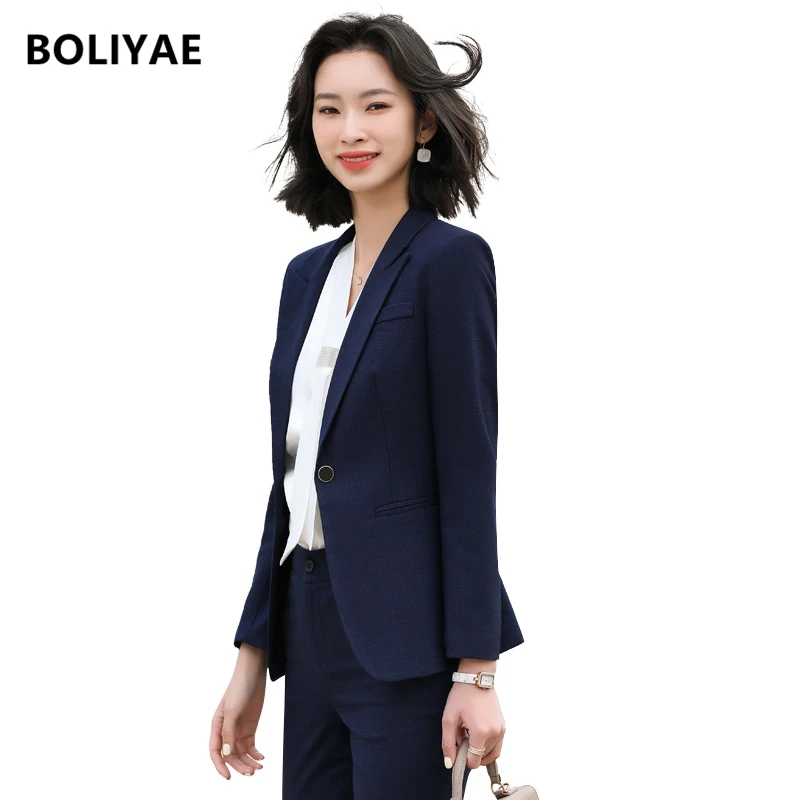 Boliyae Fashion 2 Piece Sets Womens Outfits Spring and Autumn Temperament Slim Blazer and Pants Business Office Ladies Work Wear