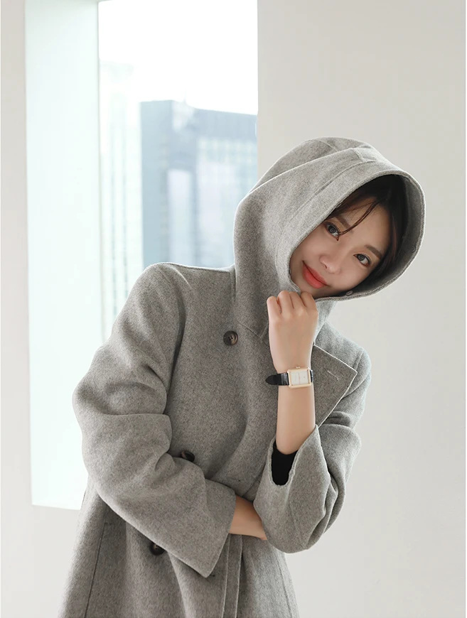 

Высококачественное длинное двустороннее кашемировое пальто с капюшоном из 100% шерсти в двубортном пальто, новая женская версия