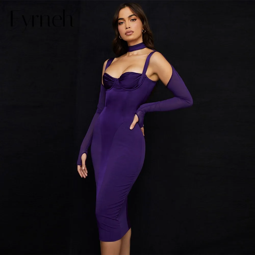 

Fyrneh новая женская мода сексуальный атласный корсет миди платье шикарное Сетчатое с длинным рукавом для вечеринки дня рождения Одежда ДРАПИ...